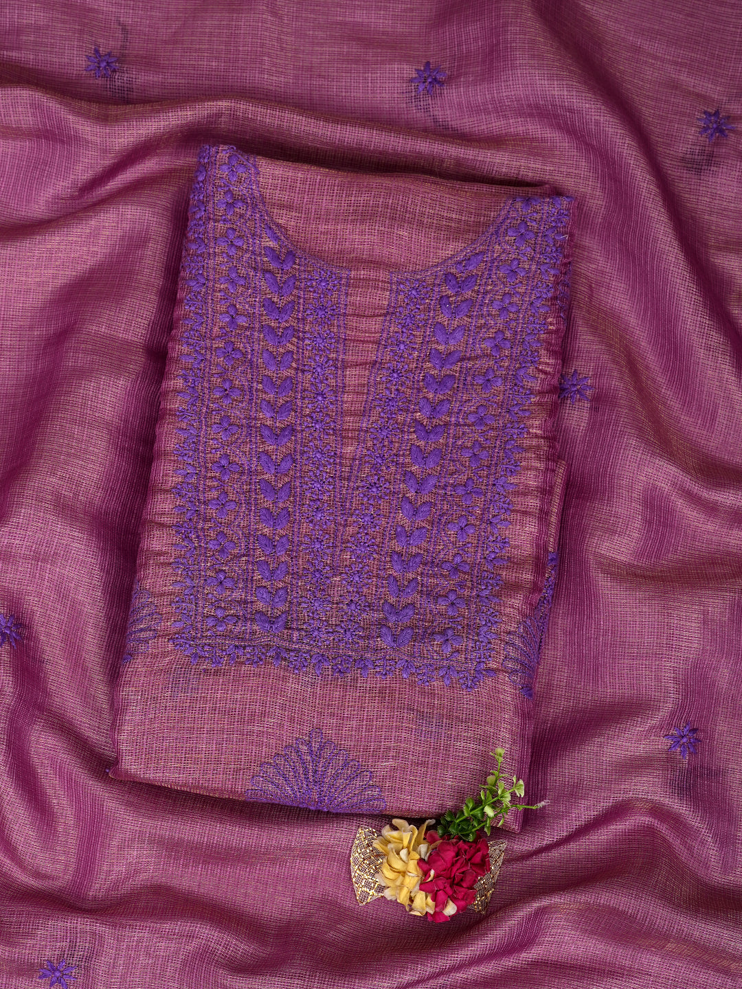 Ada Hand Embroidered Purple Kota Tissue Lucknowi Chikankari Unstitched Kurta Dupatta Set 01A876788