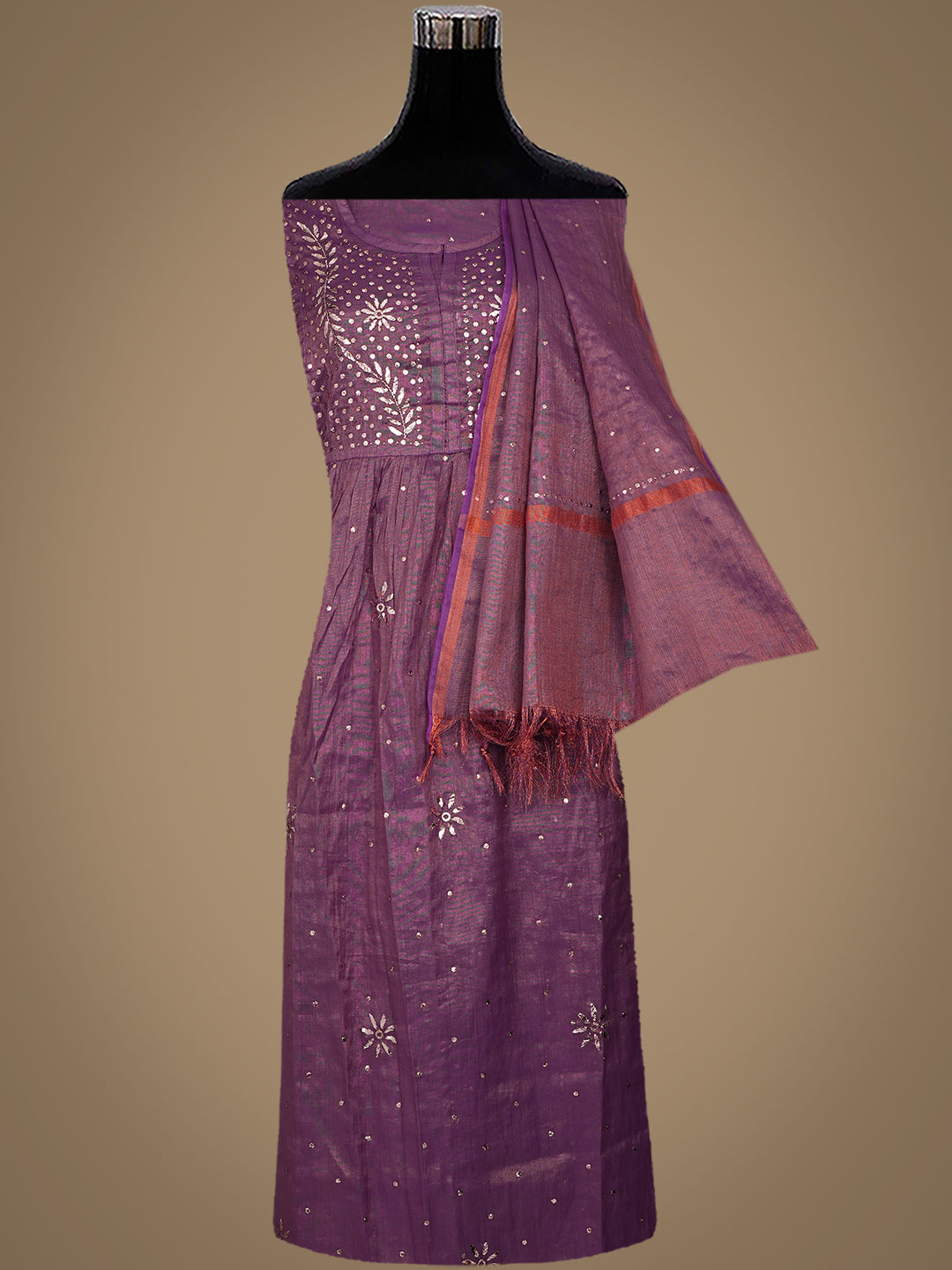 Ada Hand Embroidered Purple Tissue Semi-Stitched A-line Kurta Dupatta Set With Muqaish/Mukaish Work 01A970299