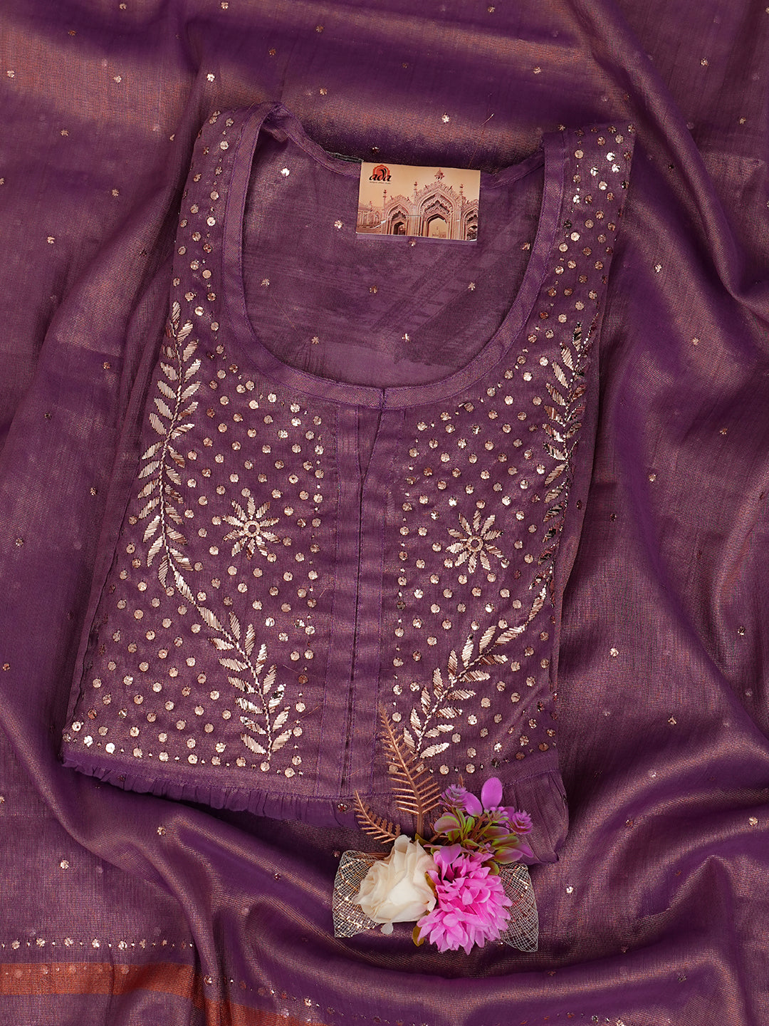 Ada Hand Embroidered Purple Tissue Semi-Stitched A-line Kurta Dupatta Set With Muqaish/Mukaish Work 01A970299