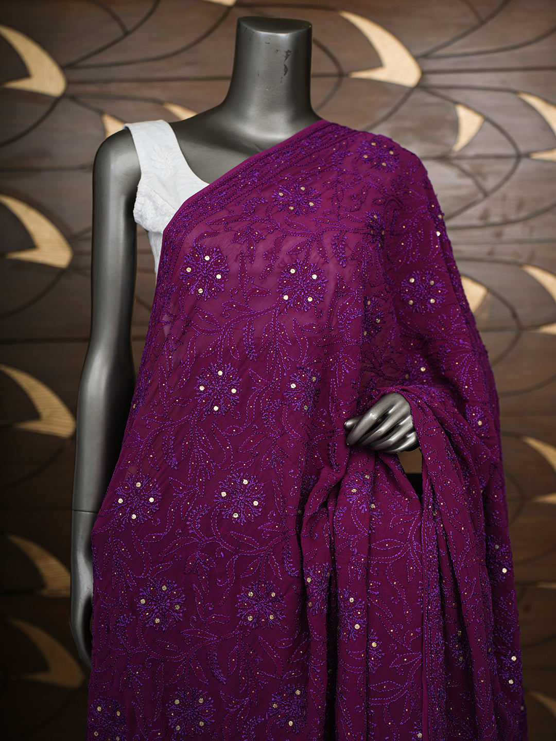 Ada Hand Embroidered Purple Viscose Georgette Lucknowi Chikankari Dupatta With Mukaish/Muqaish Work 01A373362