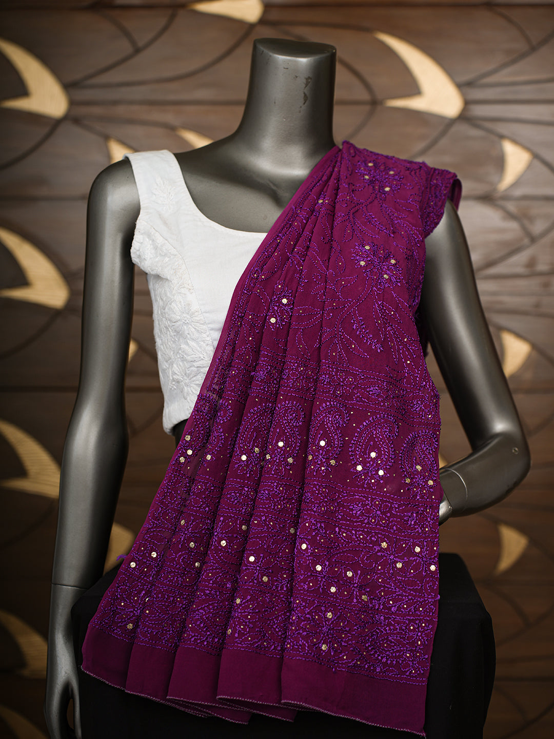 Ada Hand Embroidered Purple Viscose Georgette Lucknowi Chikankari Dupatta With Mukaish/Muqaish Work 01A373362