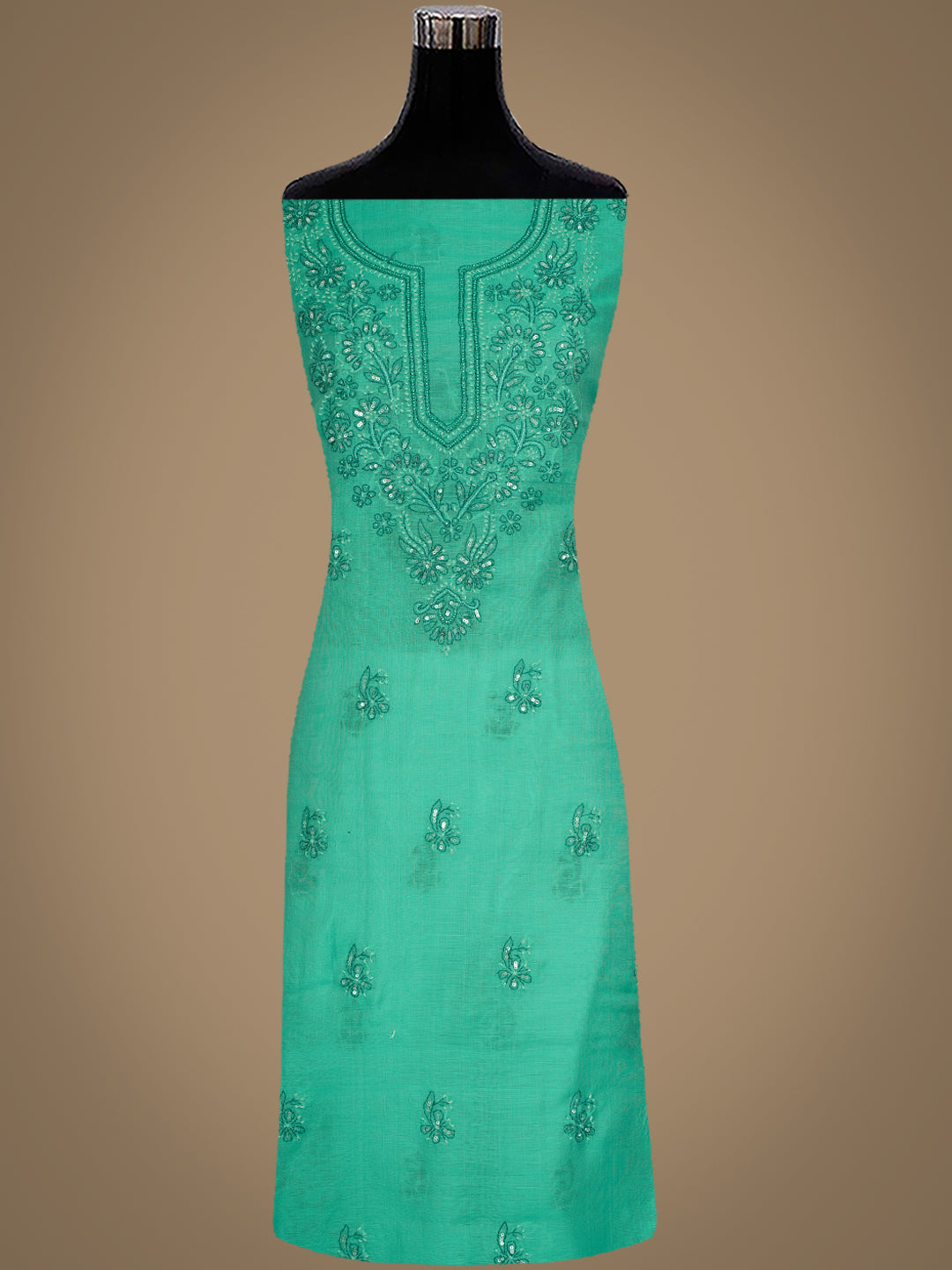 Ada Hand Embroidered Rama Green Chanderi Lucknowi Chikankari Unstitched Kurta Dupatta Set With Sequinned Work 01A420893