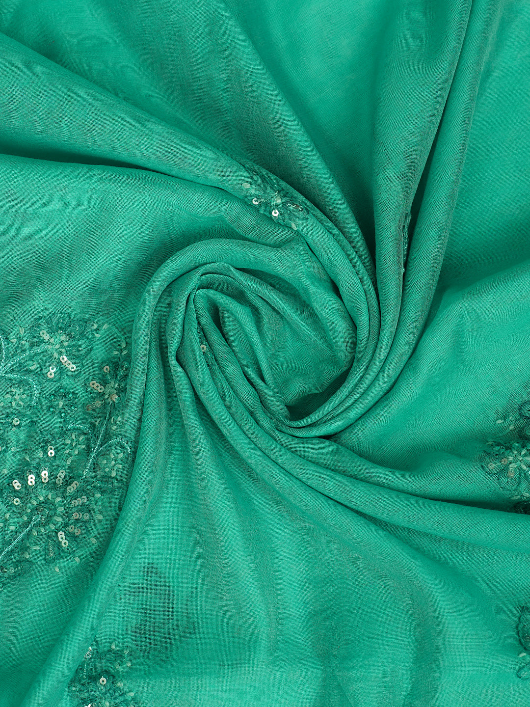 Ada Hand Embroidered Rama Green Chanderi Lucknowi Chikankari Unstitched Kurta Dupatta Set With Sequinned Work 01A420893