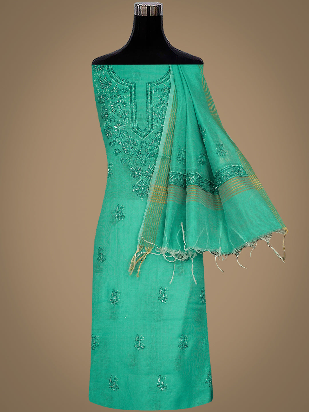 Ada Hand Embroidered Rama Green Chanderi Lucknowi Chikankari Unstitched Kurta Dupatta Set With Sequinned Work 01A420893