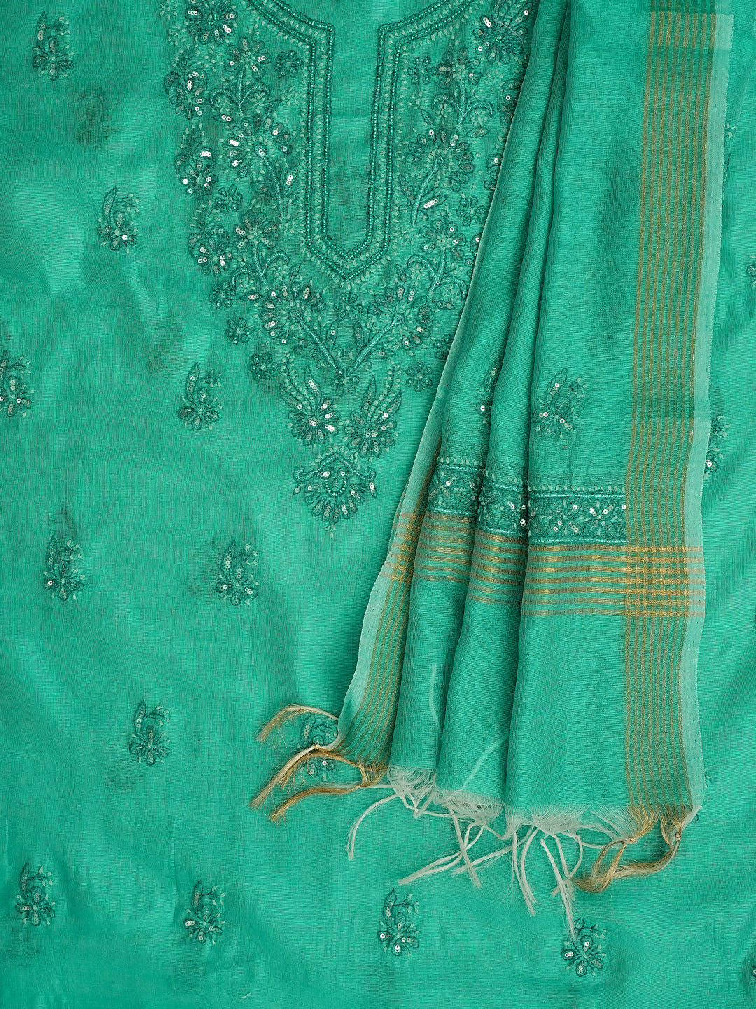 Ada Hand Embroidered Rama Green Chanderi Lucknowi Chikankari Unstitched Kurta Dupatta Set With Sequinned Work 01A420893
