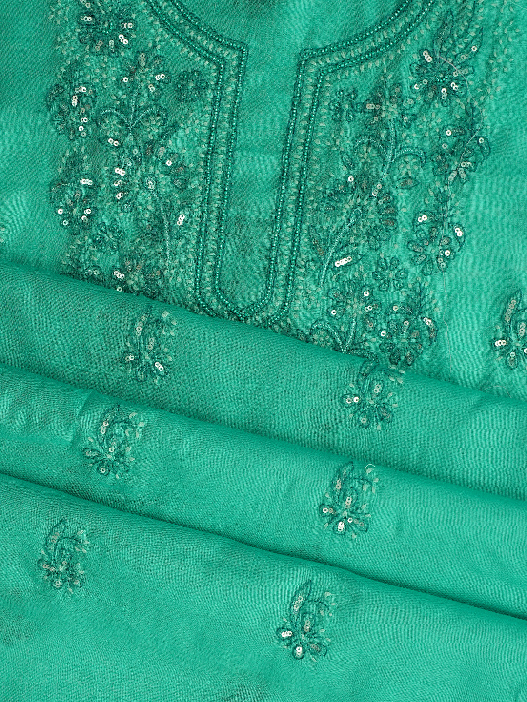Ada Hand Embroidered Rama Green Chanderi Lucknowi Chikankari Unstitched Kurta Dupatta Set With Sequinned Work 01A420893