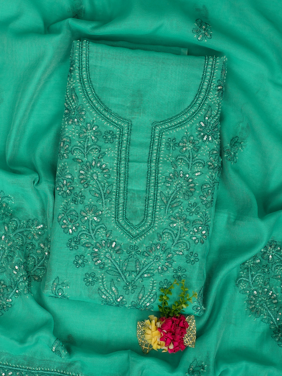 Ada Hand Embroidered Rama Green Chanderi Lucknowi Chikankari Unstitched Kurta Dupatta Set With Sequinned Work 01A420893