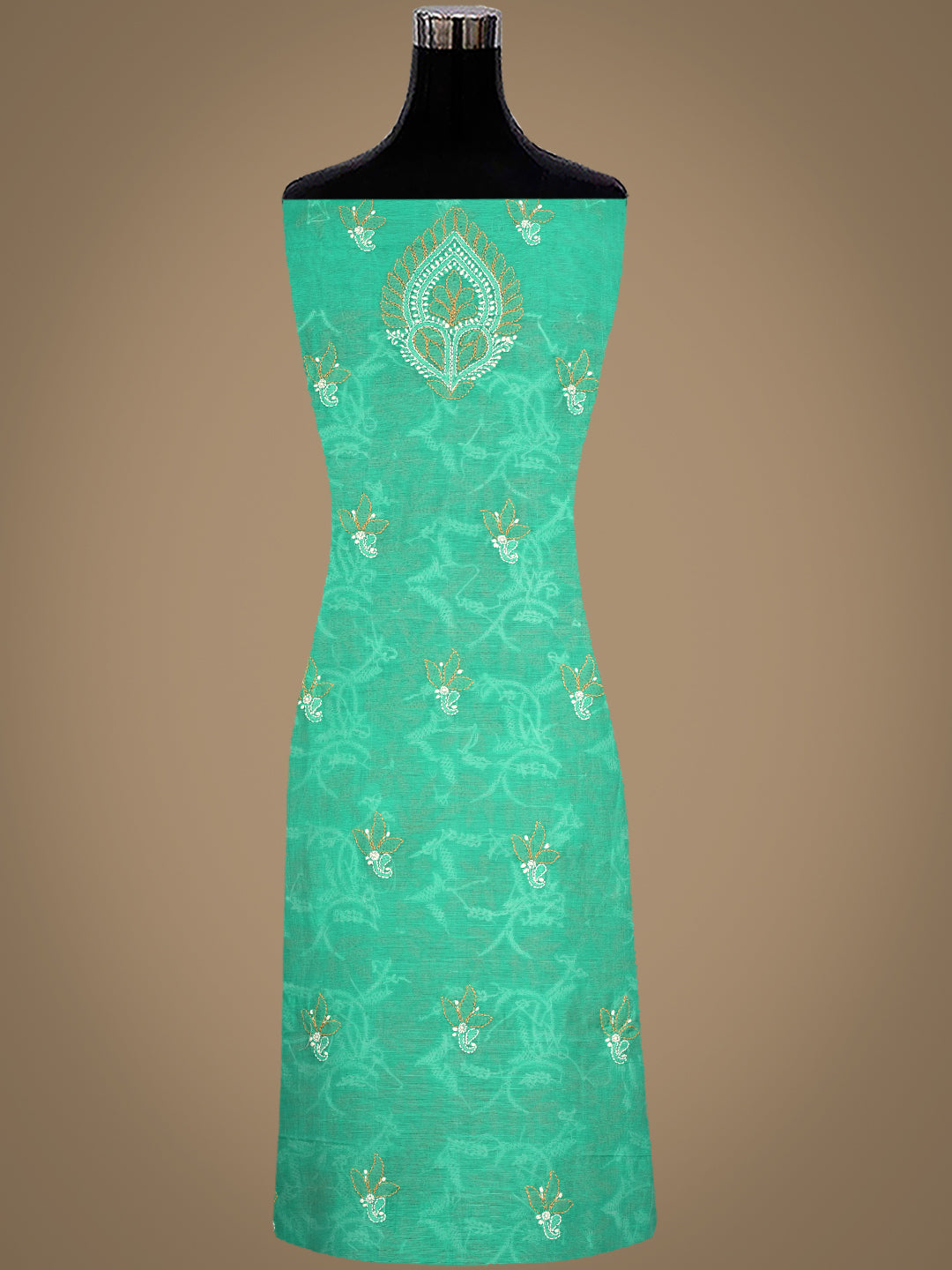 Ada Hand Embroidered Rama Green Chanderi Unstitched Lucknowi Chikankari Kurta Dupatta Set 01A980154