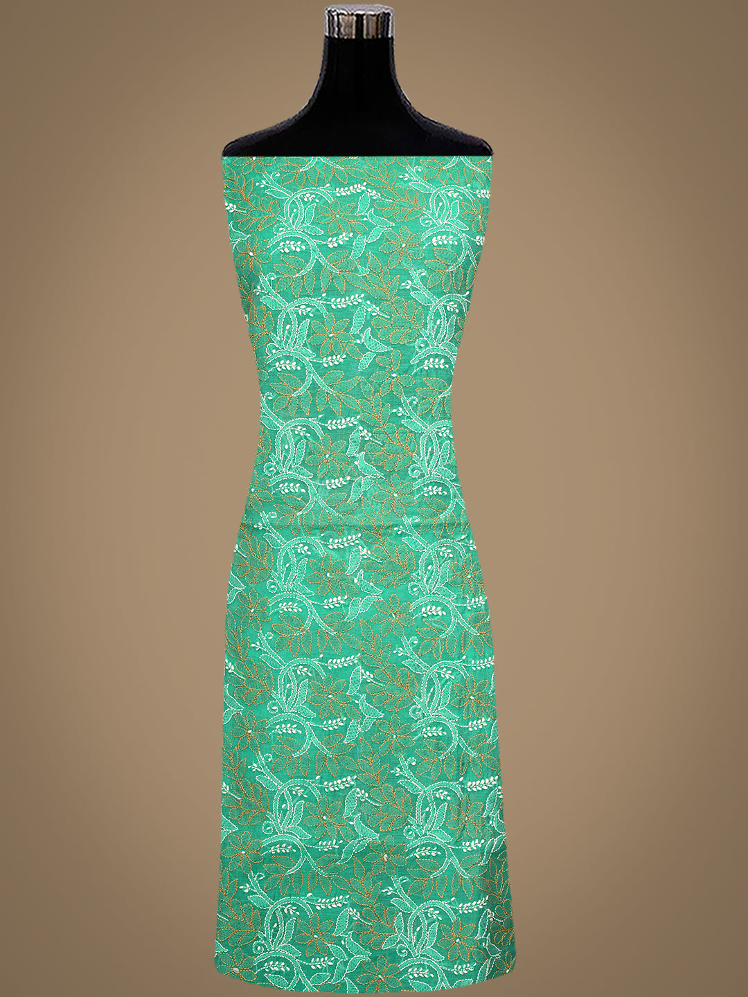 Ada Hand Embroidered Rama Green Chanderi Unstitched Lucknowi Chikankari Kurta Dupatta Set 01A980154