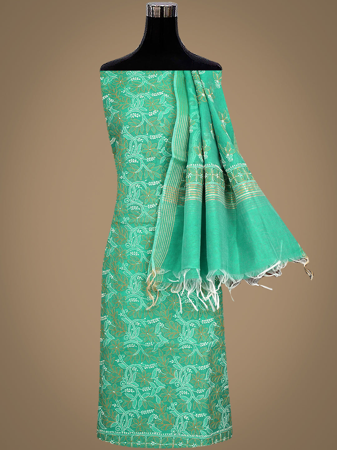 Ada Hand Embroidered Rama Green Chanderi Unstitched Lucknowi Chikankari Kurta Dupatta Set 01A980154