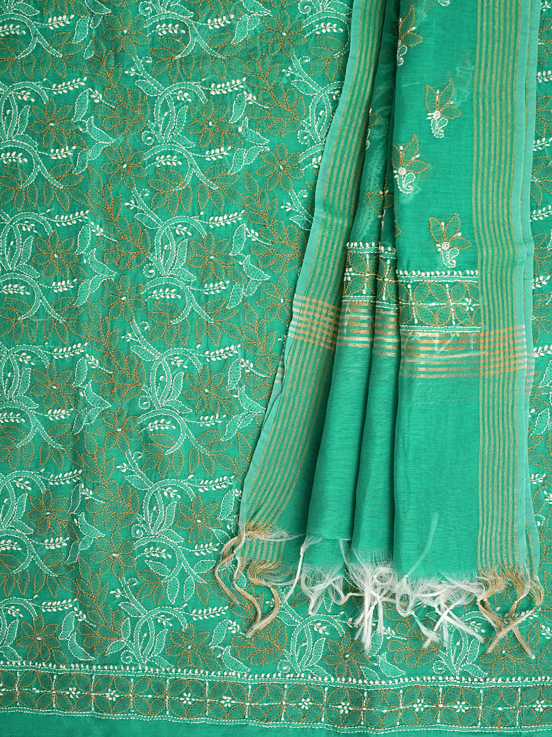 Ada Hand Embroidered Rama Green Chanderi Unstitched Lucknowi Chikankari Kurta Dupatta Set 01A980154