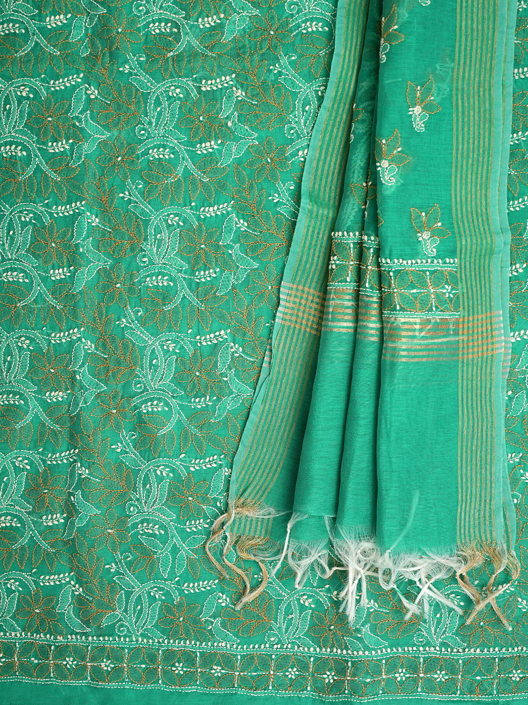 Ada Hand Embroidered Rama Green Chanderi Unstitched Lucknowi Chikankari Kurta Dupatta Set 01A980154