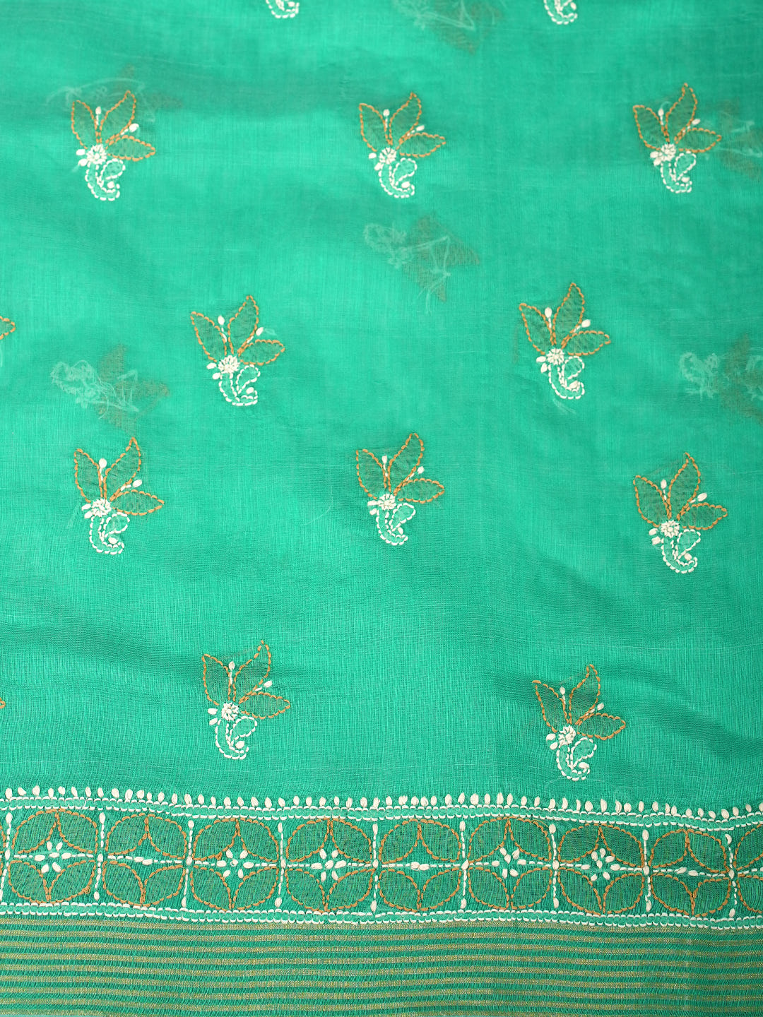 Ada Hand Embroidered Rama Green Chanderi Unstitched Lucknowi Chikankari Kurta Dupatta Set 01A980154
