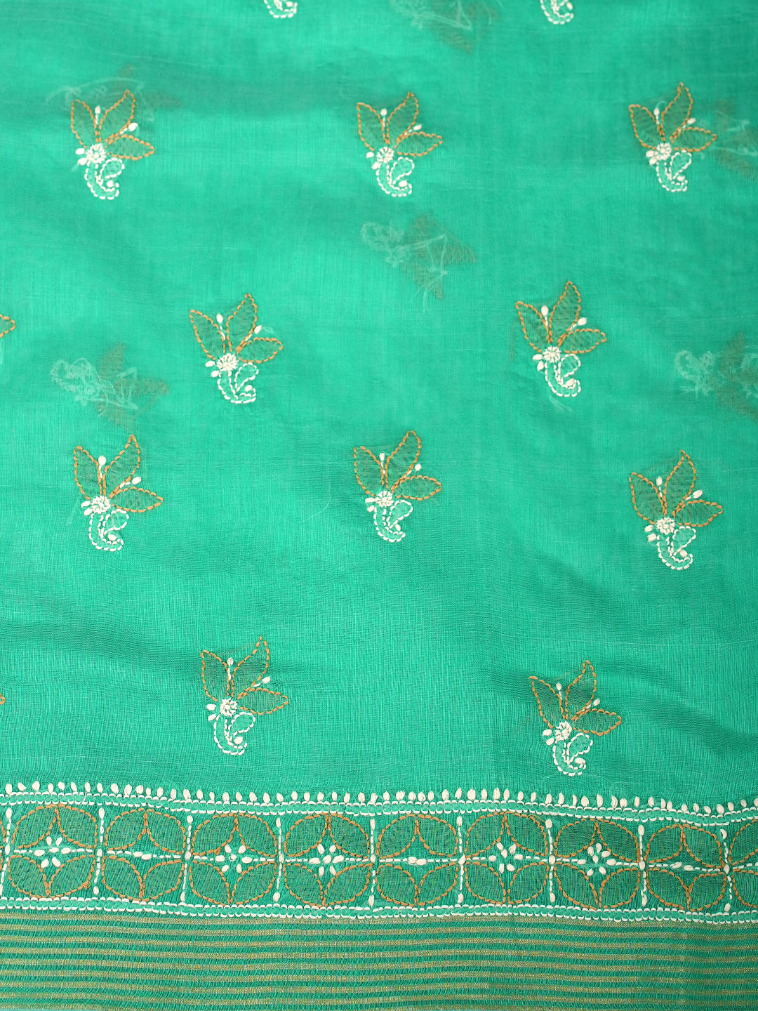 Ada Hand Embroidered Rama Green Chanderi Unstitched Lucknowi Chikankari Kurta Dupatta Set 01A980154