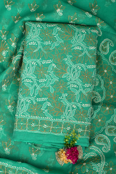Ada Hand Embroidered Rama Green Chanderi Unstitched Lucknowi Chikankari Kurta Dupatta Set 01A980154