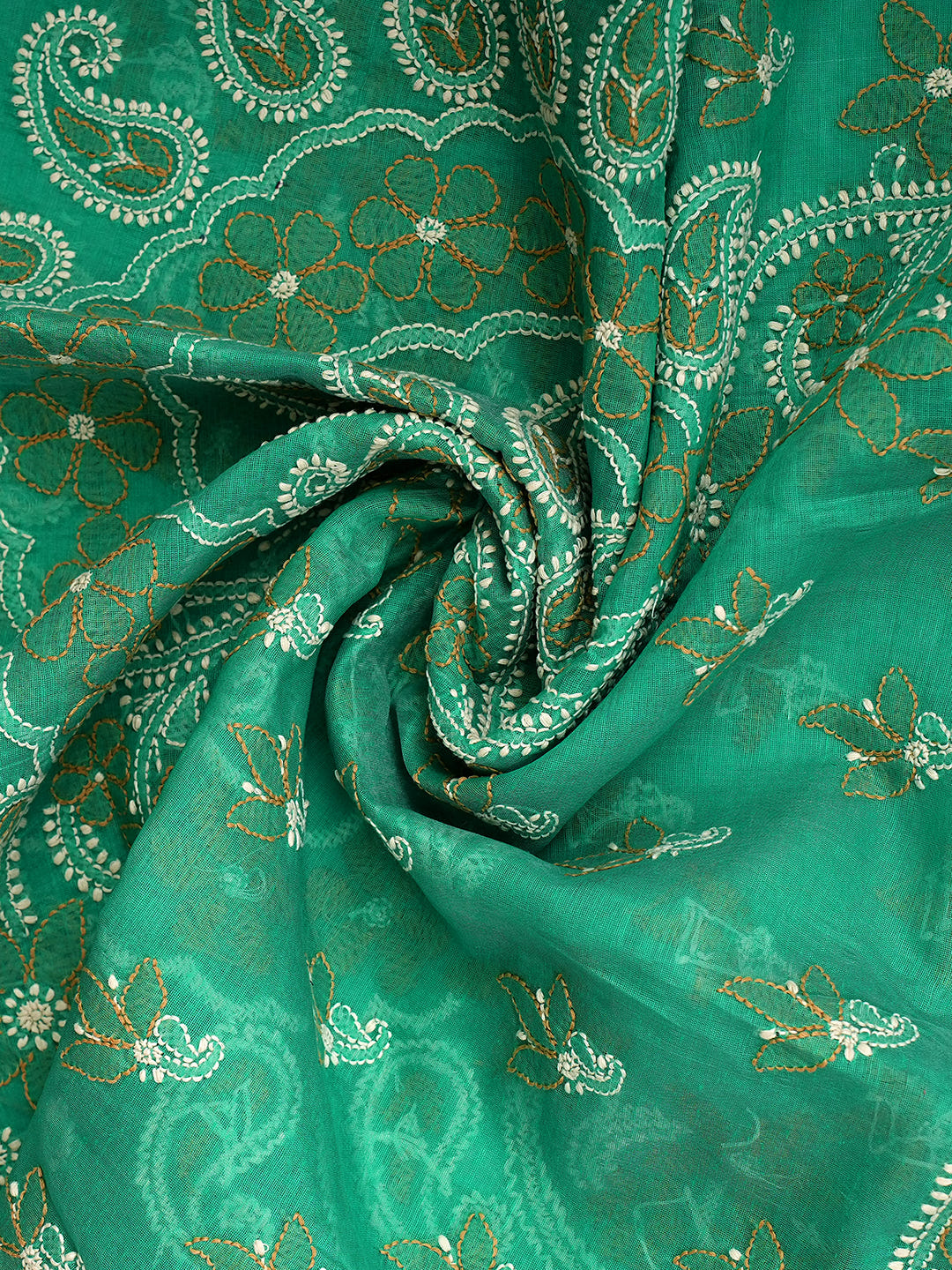 Ada Hand Embroidered Rama Green Chanderi Unstitched Lucknowi Chikankari Kurta Dupatta Set 01A980154