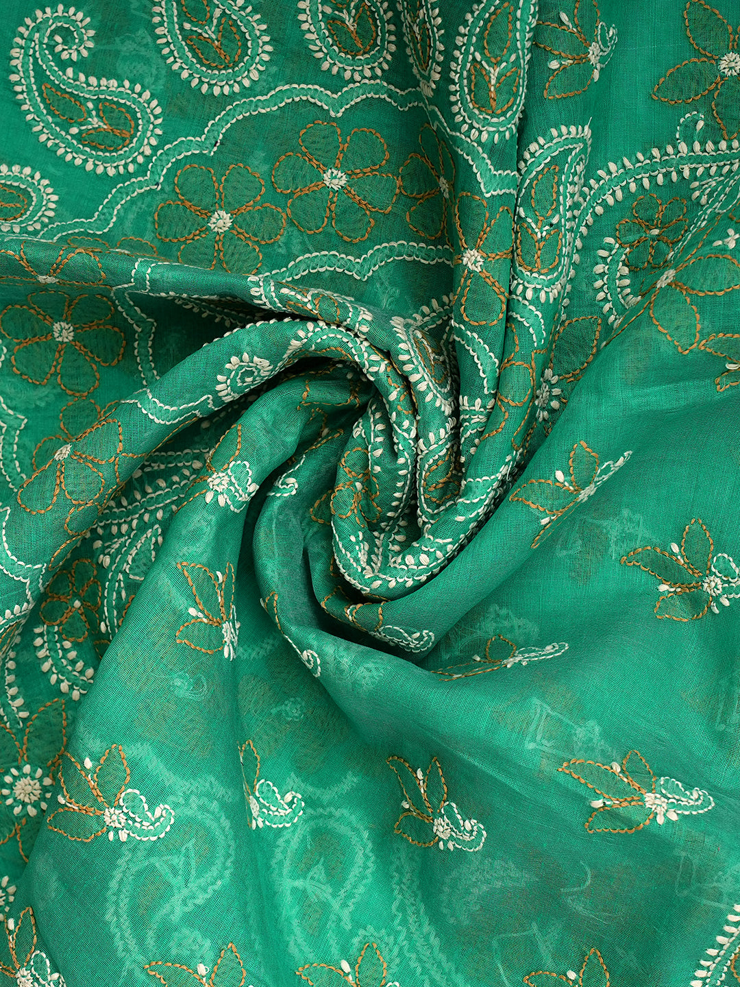 Ada Hand Embroidered Rama Green Chanderi Unstitched Lucknowi Chikankari Kurta Dupatta Set 01A980154