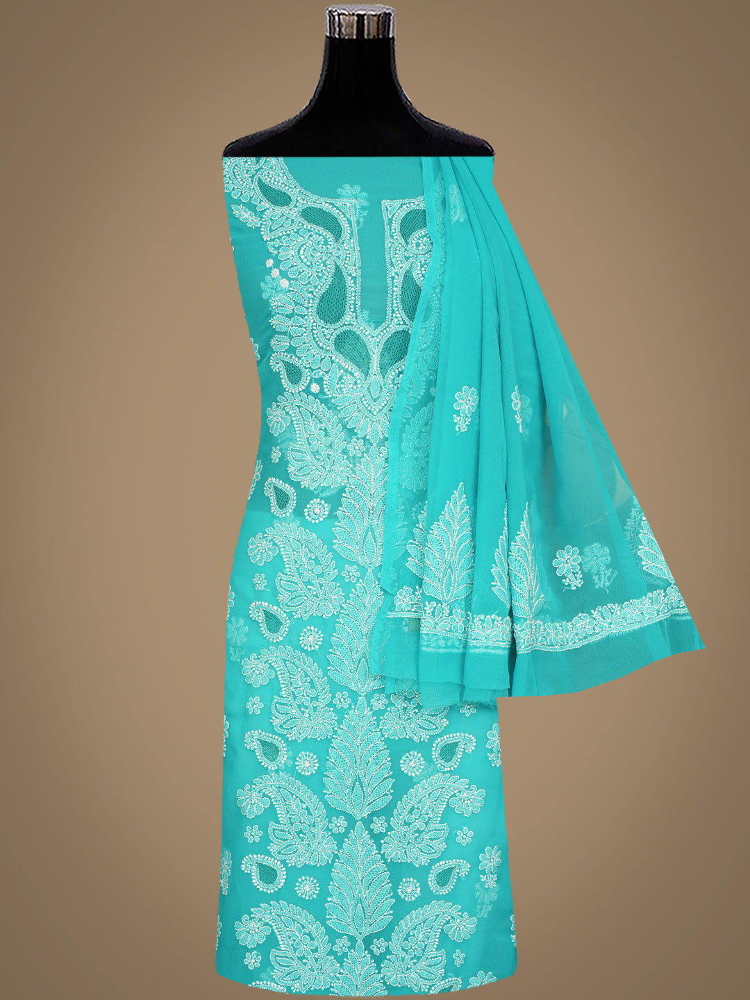 Ada Hand Embroidered Rama Green Faux Georgette Lucknowi Chikankari Unstitched Suit Piece 01A989165