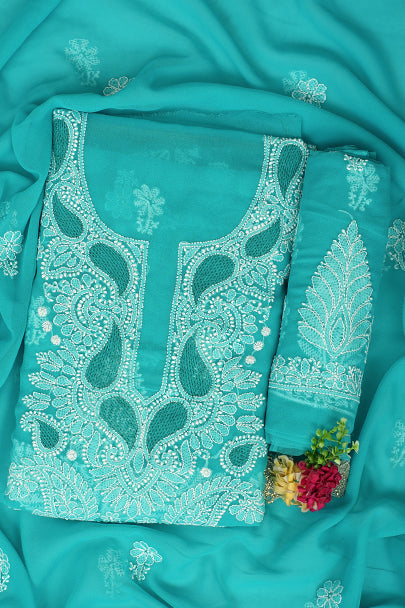Ada Hand Embroidered Rama Green Faux Georgette Lucknowi Chikankari Unstitched Suit Piece 01A989165