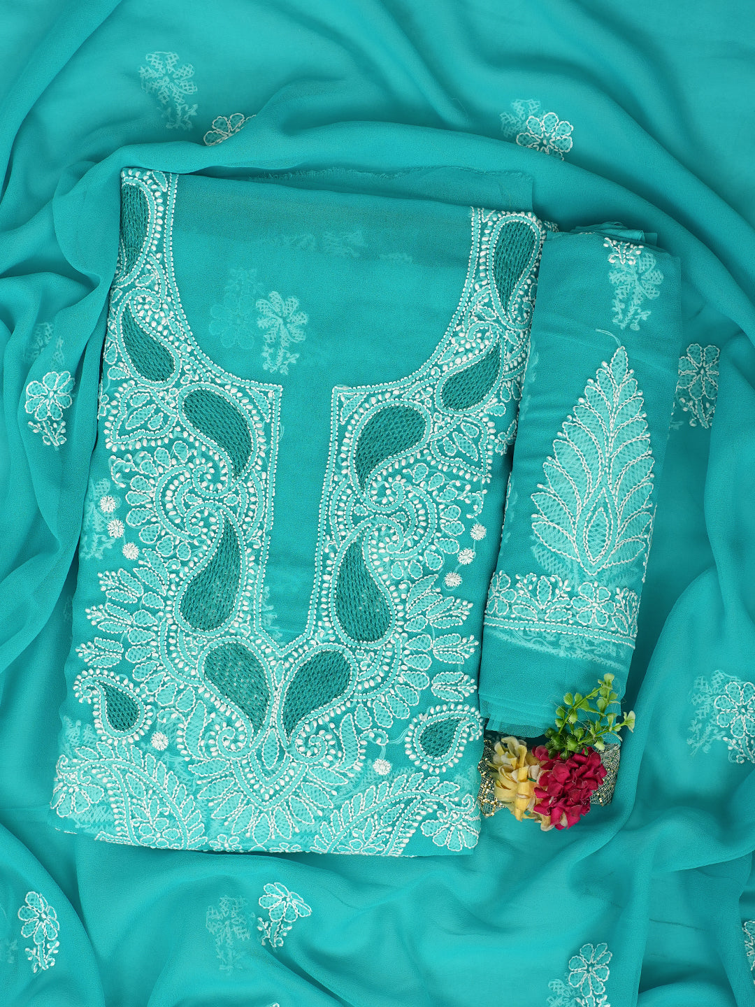 Ada Hand Embroidered Rama Green Faux Georgette Lucknowi Chikankari Unstitched Suit Piece 01A989165
