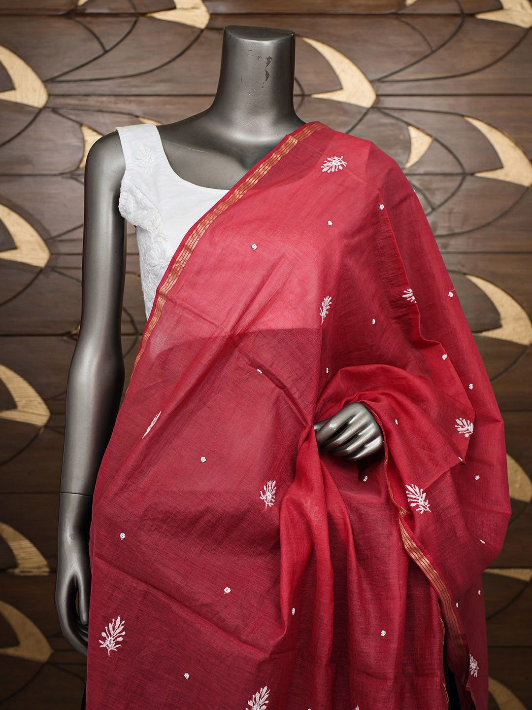 Ada Hand Embroidered Red Chanderi Lucknowi Chikankari Dupatta With Pearl Work 01A984107
