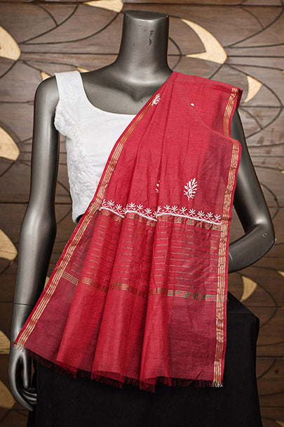 Ada Hand Embroidered Red Chanderi Lucknowi Chikankari Dupatta With Pearl Work 01A984107