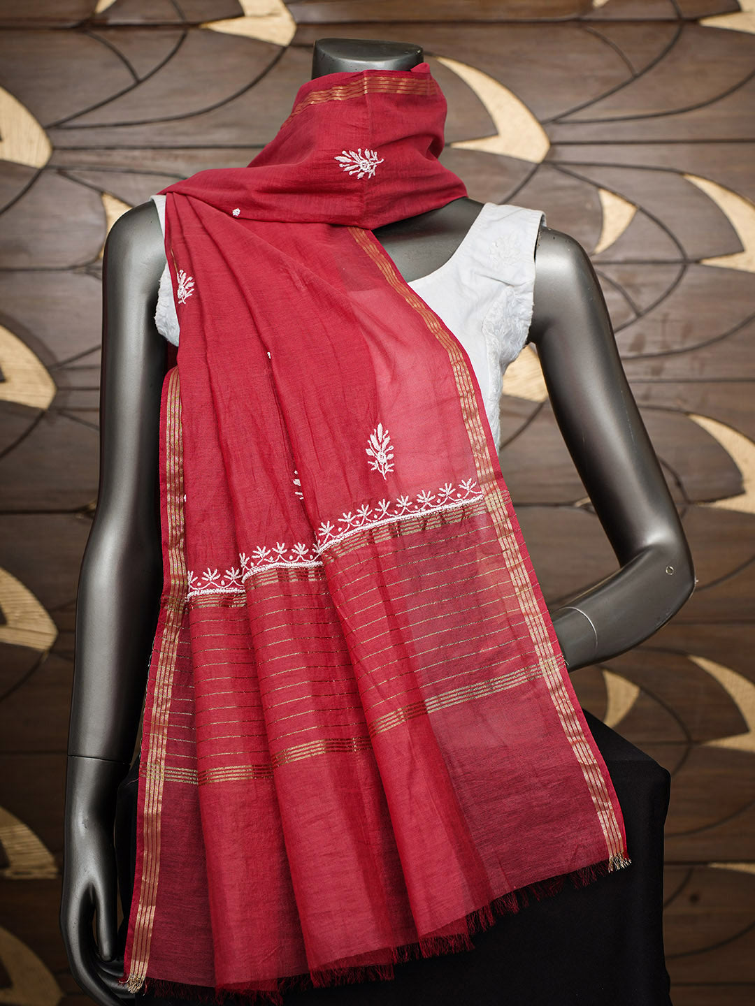Ada Hand Embroidered Red Chanderi Lucknowi Chikankari Dupatta With Pearl Work 01A984107