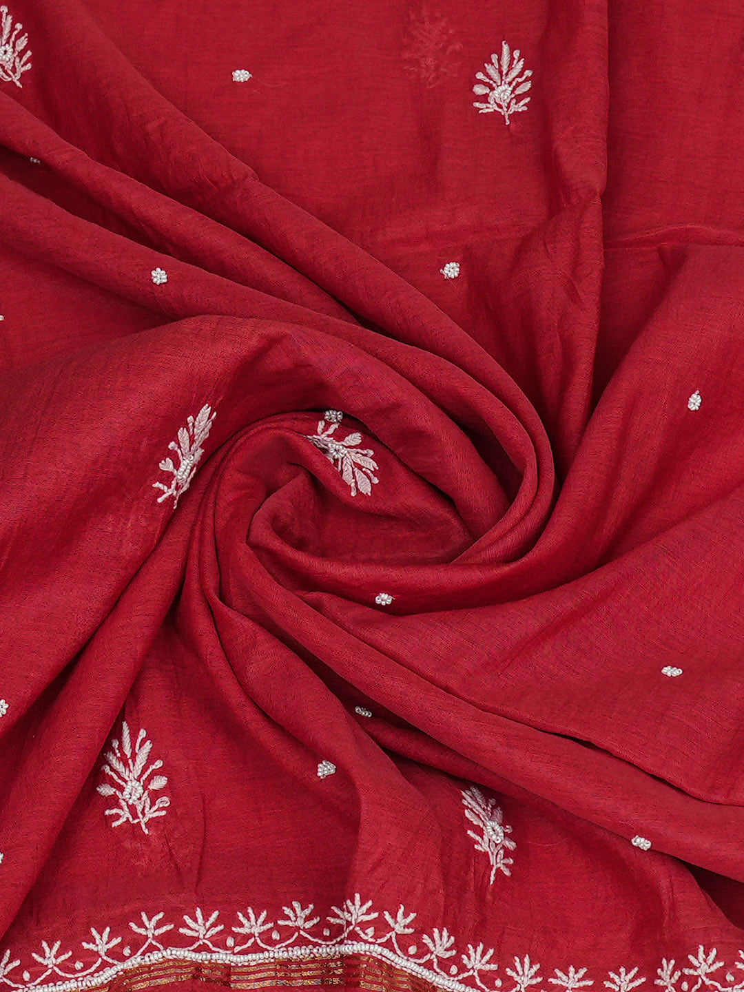 Ada Hand Embroidered Red Chanderi Lucknowi Chikankari Dupatta With Pearl Work 01A984107