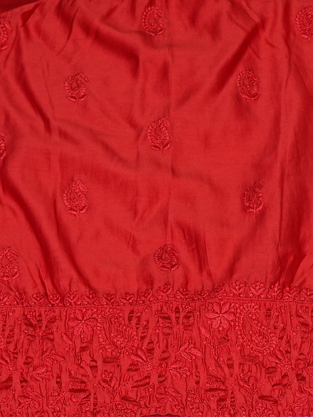 Ada Hand Embroidered Red Chanderi Lucknowi Chikankari Semi-stitched Kurta Dupatta set 01A746784
