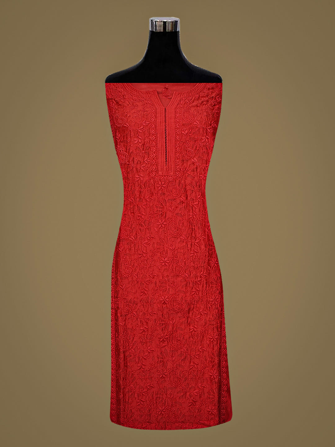 Ada Hand Embroidered Red Chanderi Lucknowi Chikankari Semi-stitched Kurta Dupatta set 01A746784