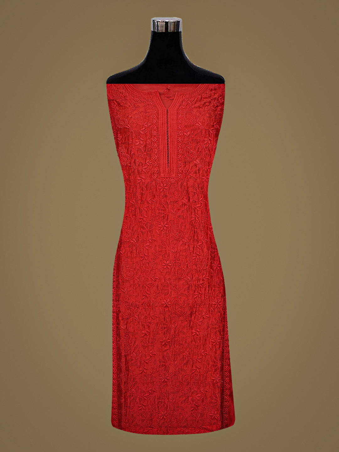 Ada Hand Embroidered Red Chanderi Lucknowi Chikankari Semi-stitched Kurta Dupatta set 01A746784