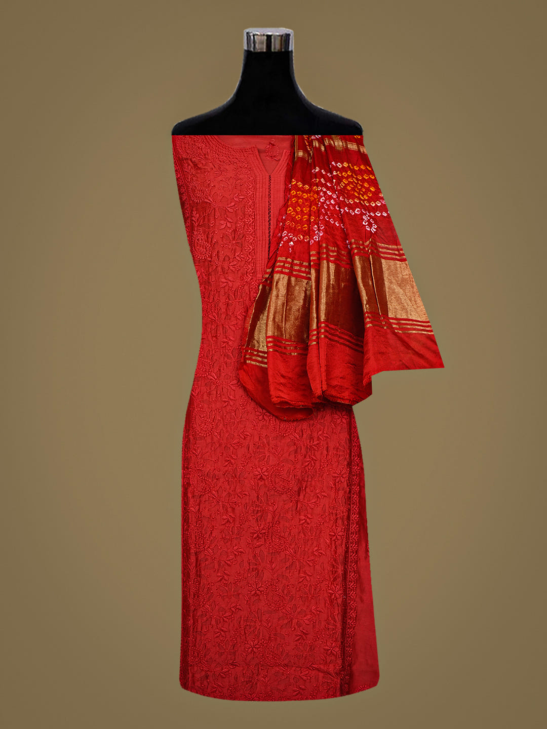 Ada Hand Embroidered Red Chanderi Lucknowi Chikankari Semi-stitched Kurta Dupatta set 01A746784