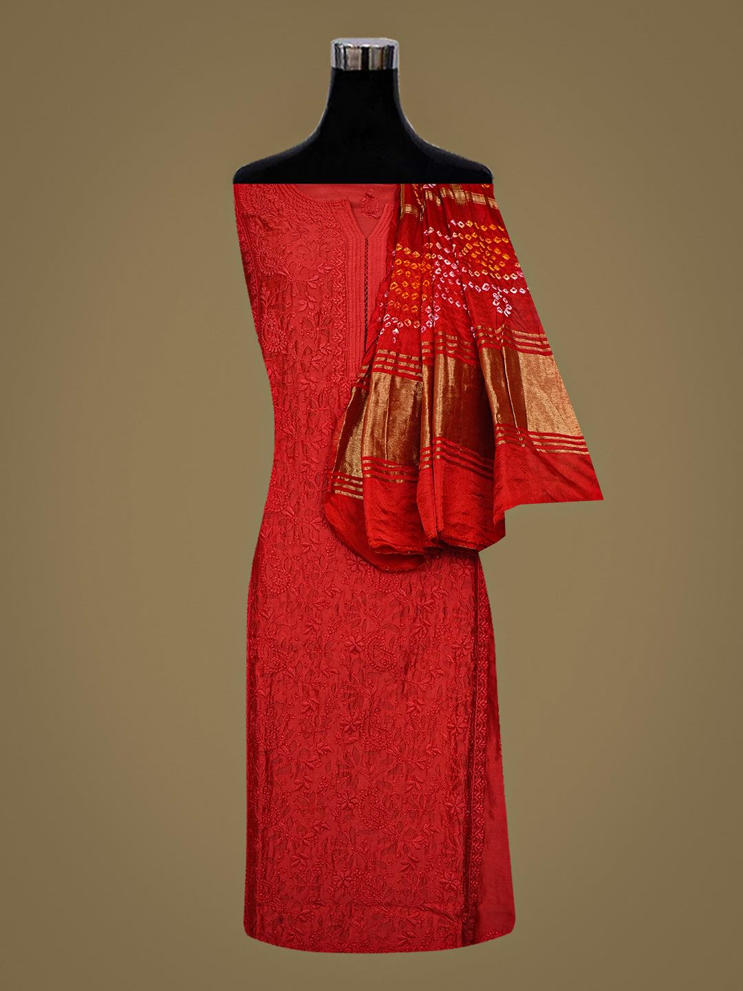 Ada Hand Embroidered Red Chanderi Lucknowi Chikankari Semi-stitched Kurta Dupatta set 01A746784
