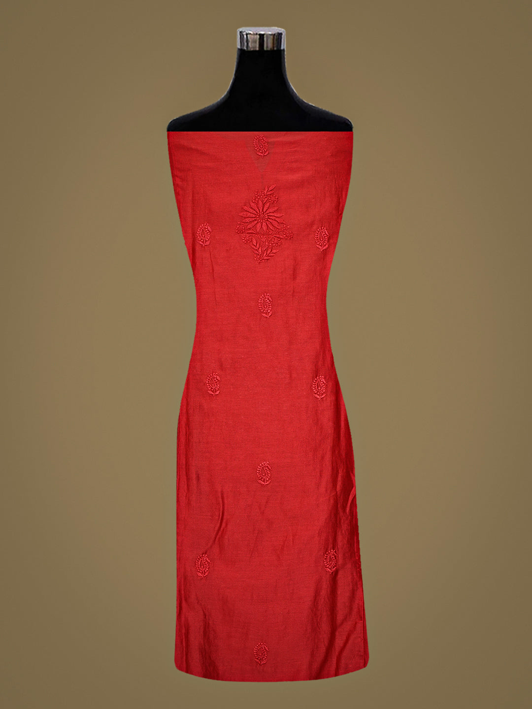 Ada Hand Embroidered Red Chanderi Lucknowi Chikankari Semi-stitched Kurta Dupatta set 01A746784