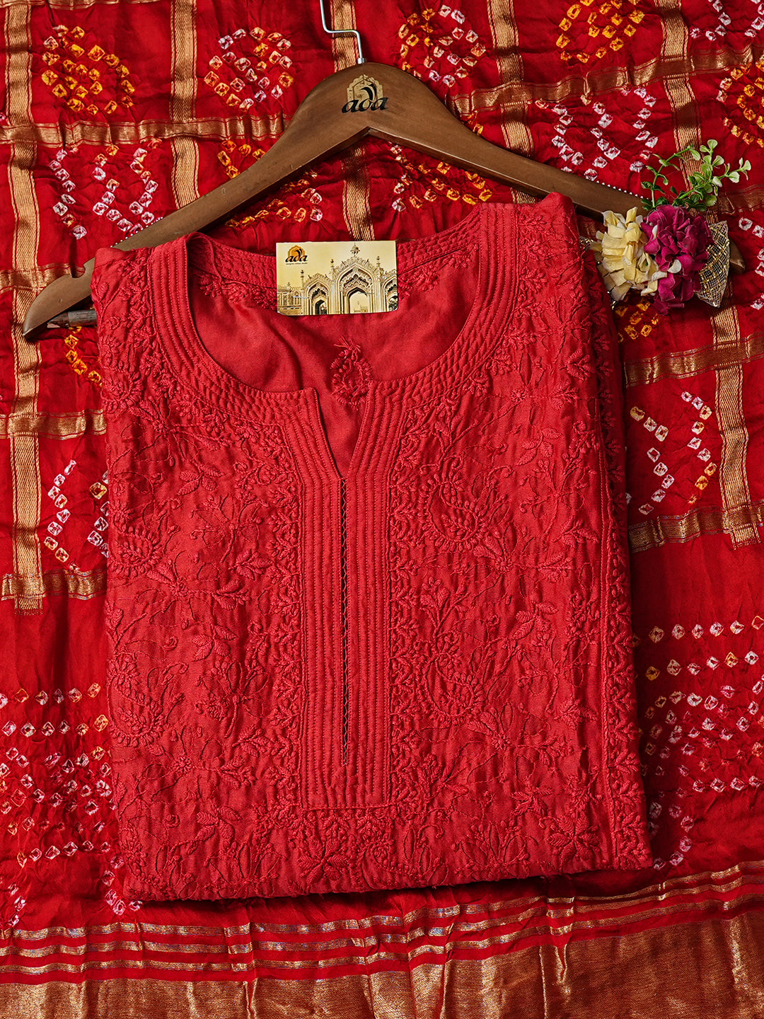 Ada Hand Embroidered Red Chanderi Lucknowi Chikankari Semi-stitched Kurta Dupatta set 01A746784