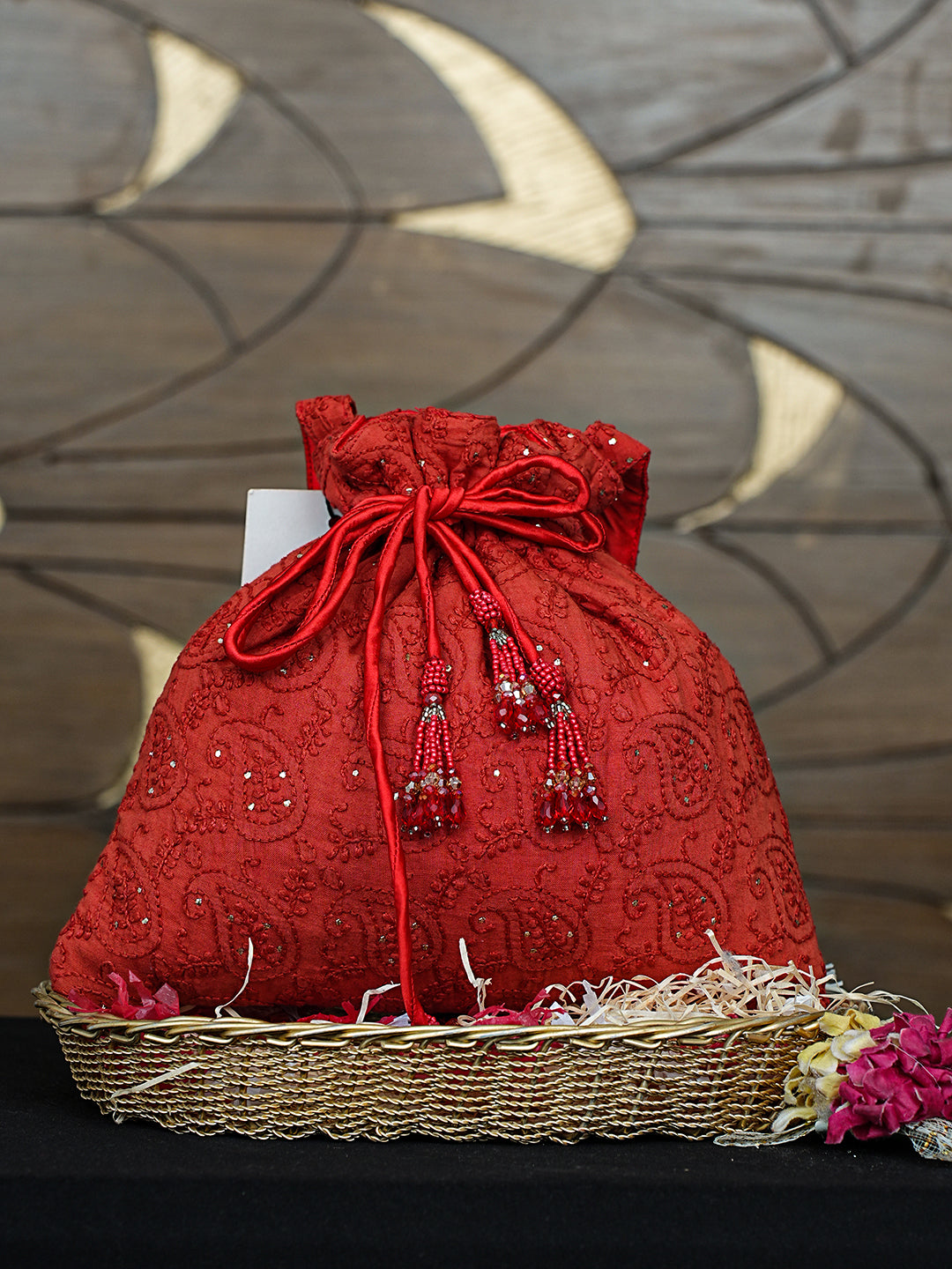 Ada Hand Embroidered Red Cotton Lucknowi Chikankari Potli Bag With Muqaish Work 01A913042