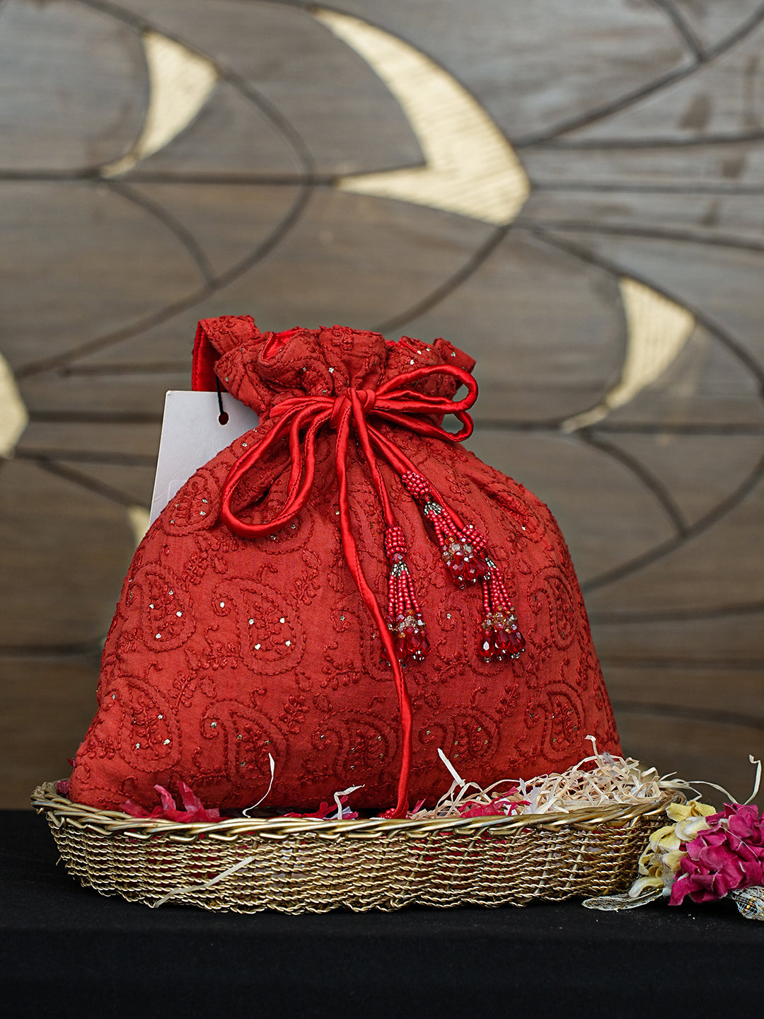 Ada Hand Embroidered Red Cotton Lucknowi Chikankari Potli Bag With Muqaish Work 01A913042