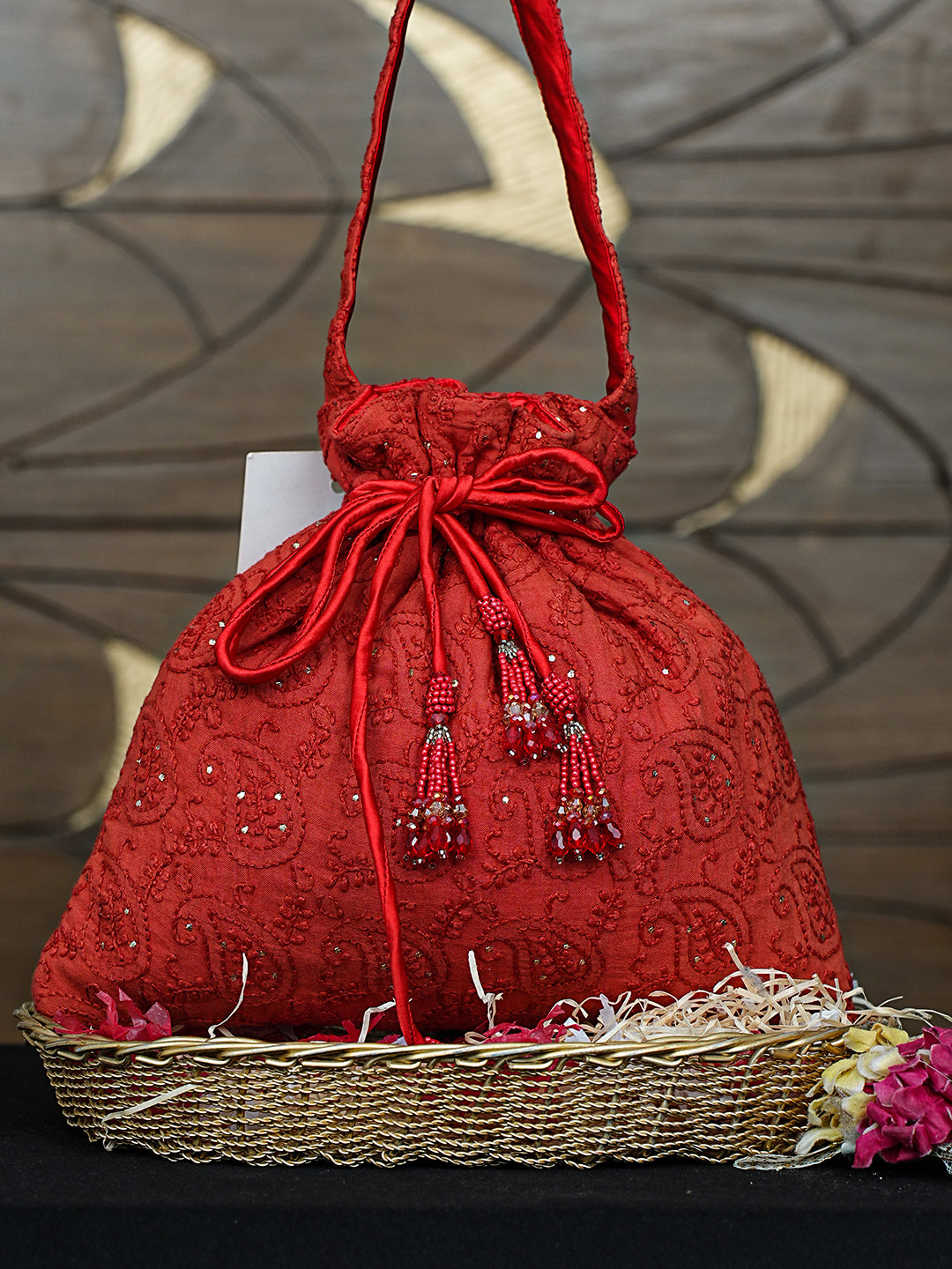 Ada Hand Embroidered Red Cotton Lucknowi Chikankari Potli Bag With Muqaish Work 01A913042