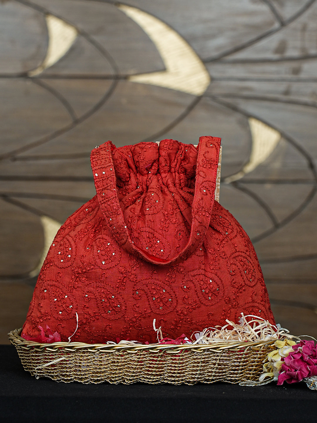 Ada Hand Embroidered Red Cotton Lucknowi Chikankari Potli Bag With Muqaish Work 01A913042