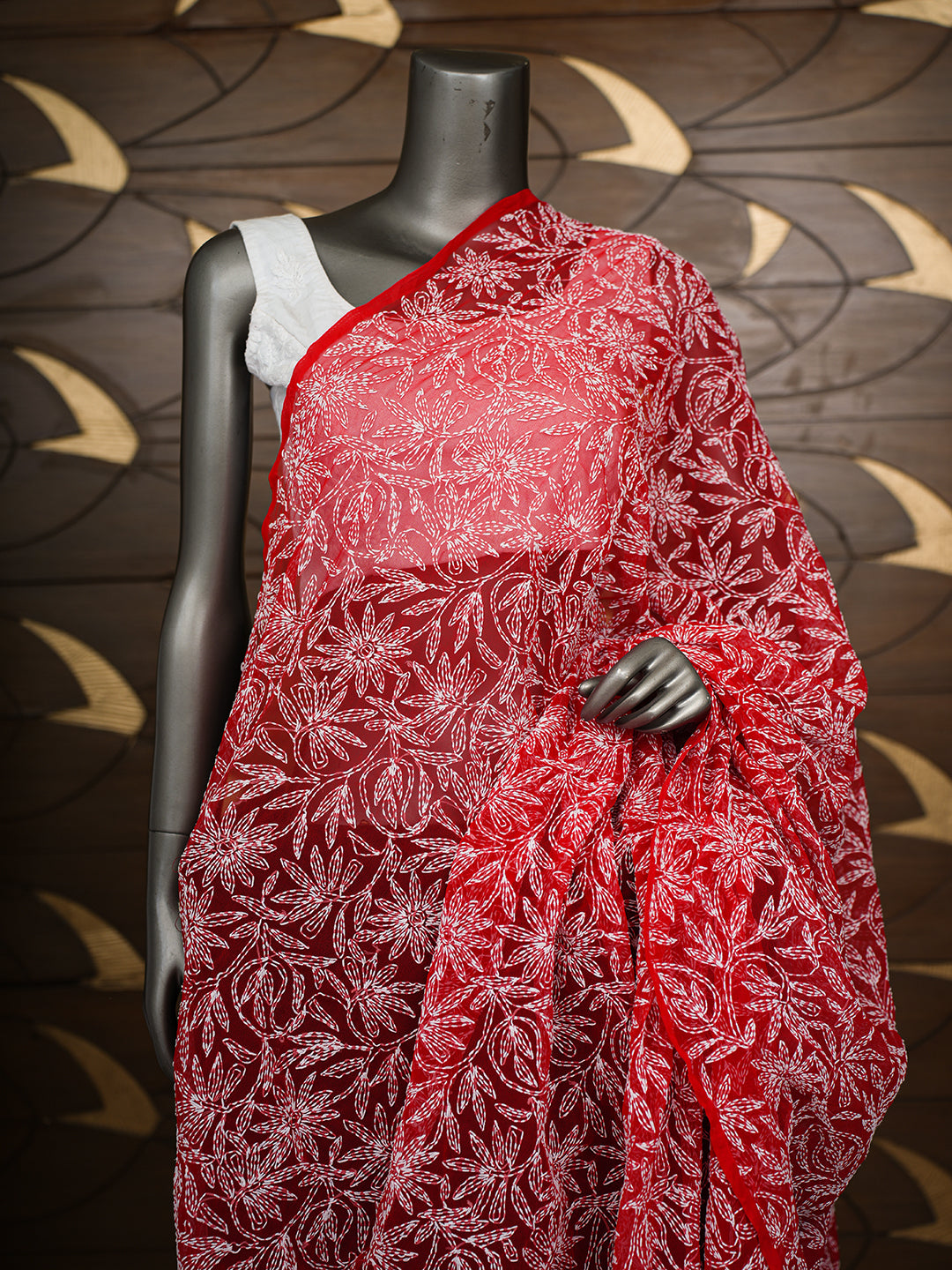 Ada Hand Embroidered Red Faux Georgette Lucknowi Chikankari Dupatta 01A975382