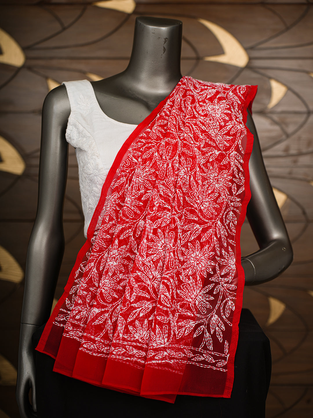Ada Hand Embroidered Red Faux Georgette Lucknowi Chikankari Dupatta 01A975382