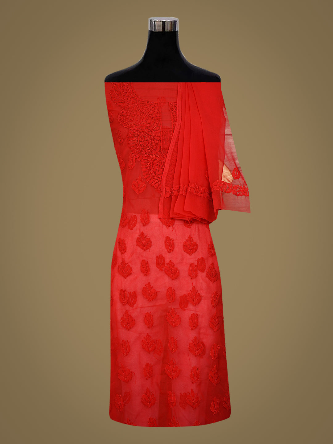 Ada Hand Embroidered Red Faux Georgette Lucknowi Chikankari Unstitched Suit Piece 01A1002567
