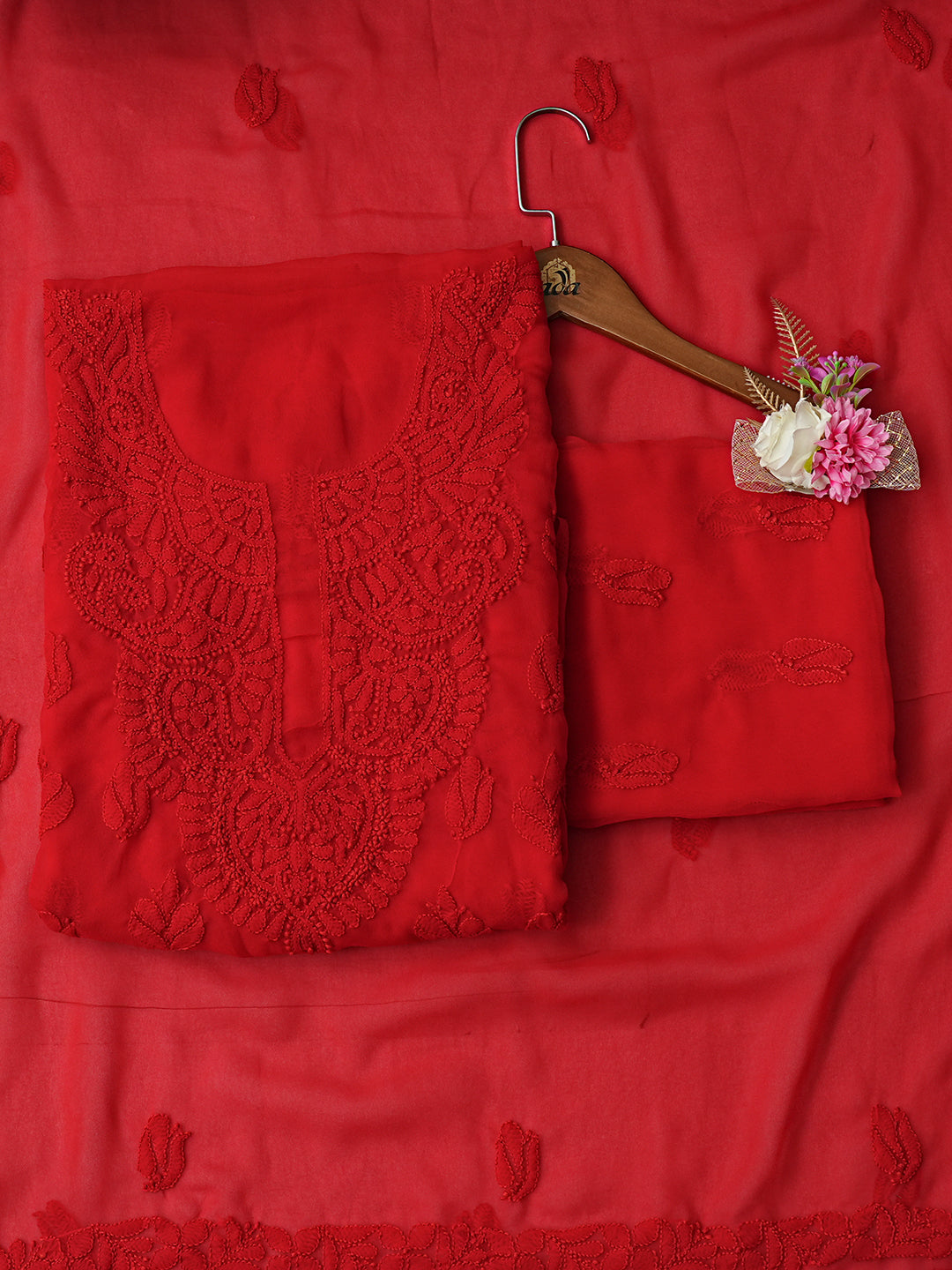 Ada Hand Embroidered Red Faux Georgette Lucknowi Chikankari Unstitched Suit Piece 01A1002567