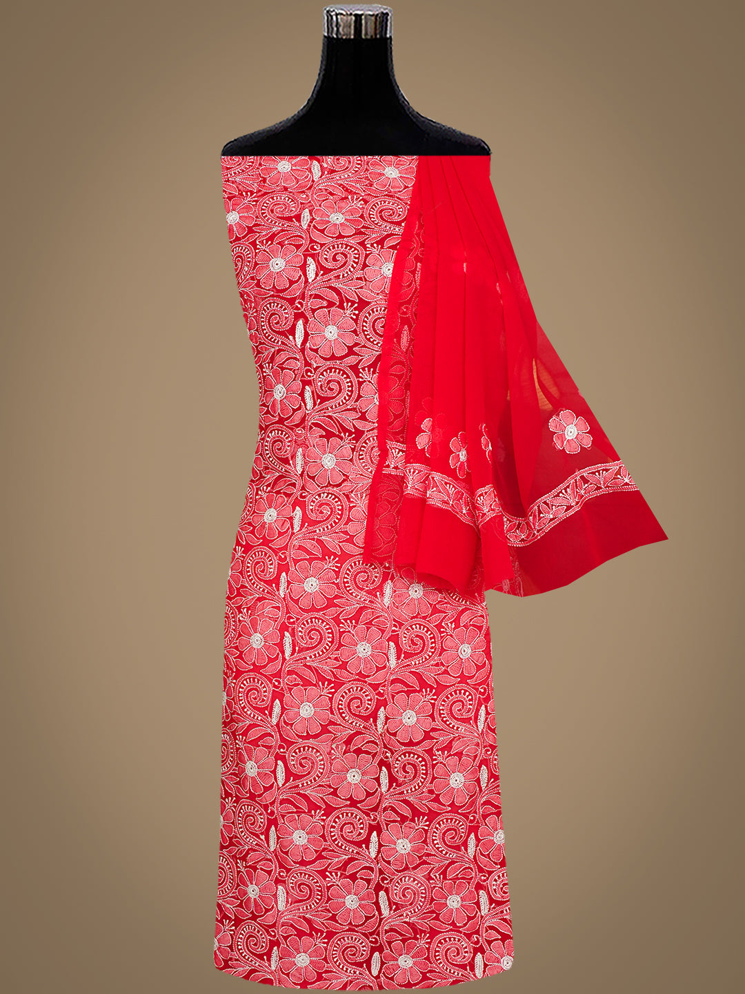 Ada Hand Embroidered Red Georgette Lucknowi Chikankari Unstitched Suit Piece 01A209146