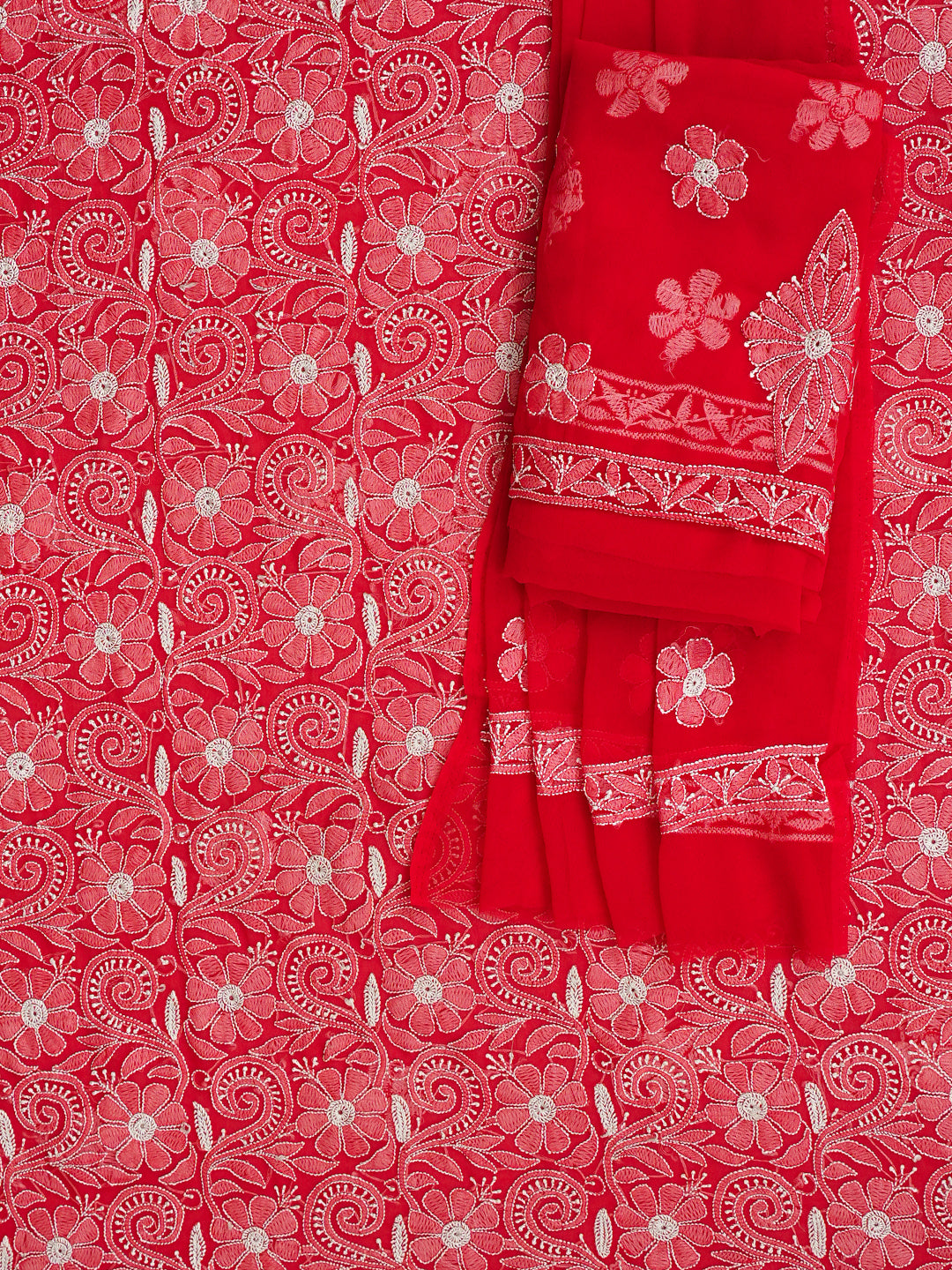 Ada Hand Embroidered Red Georgette Lucknowi Chikankari Unstitched Suit Piece 01A209146