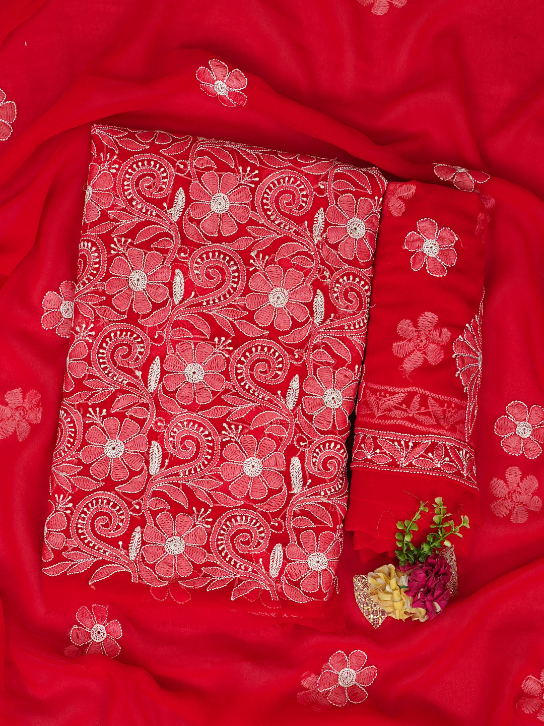 Ada Hand Embroidered Red Georgette Lucknowi Chikankari Unstitched Suit Piece 01A209146