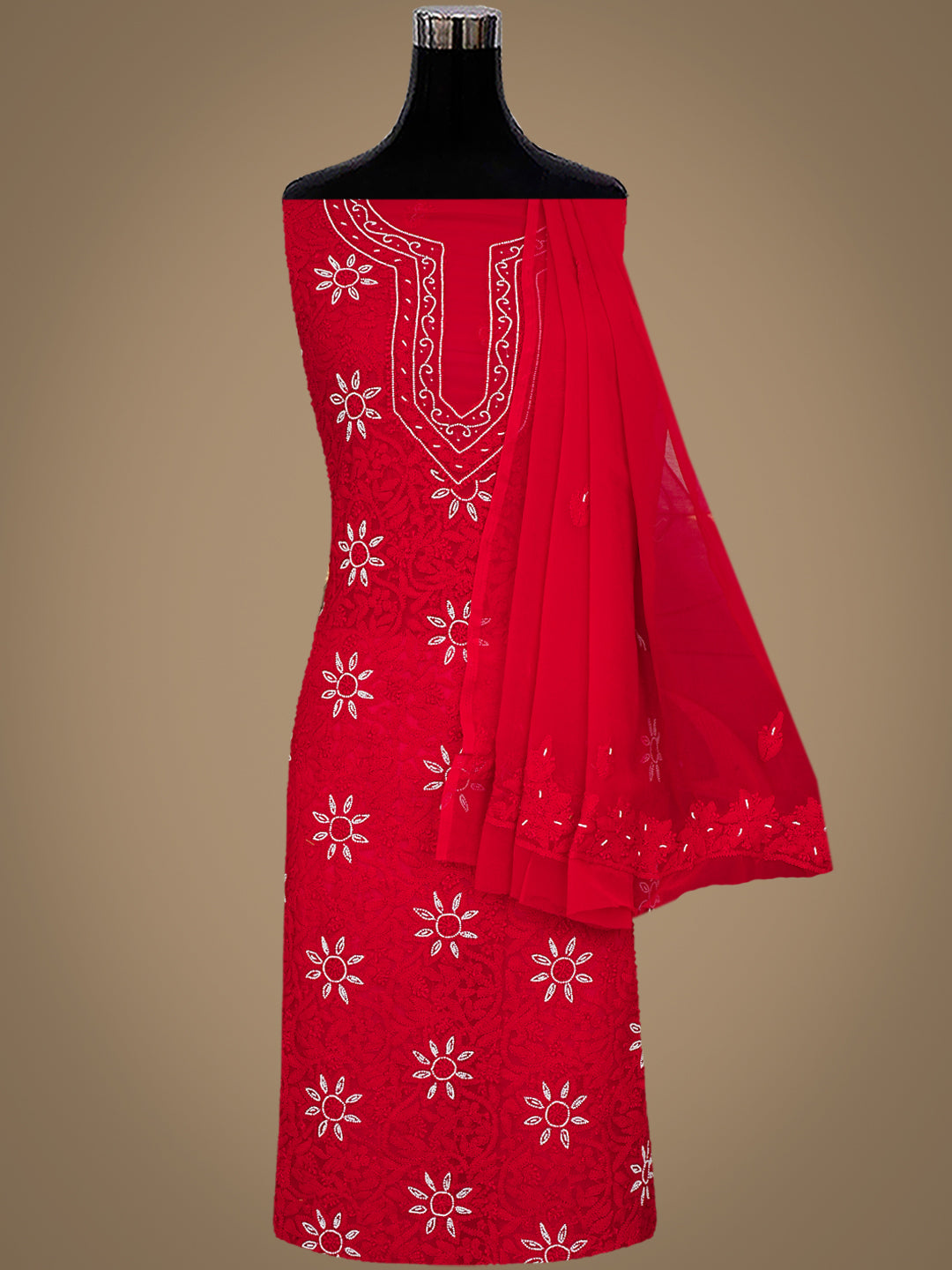 Ada Hand Embroidered Red Georgette Lucknowi Chikankari Unstitched Suit Piece With Pearl Work 01A998100