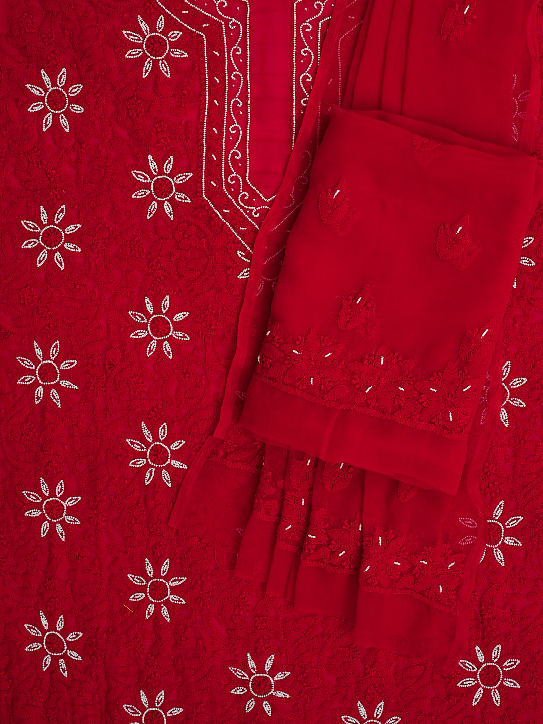 Ada Hand Embroidered Red Georgette Lucknowi Chikankari Unstitched Suit Piece With Pearl Work 01A998100