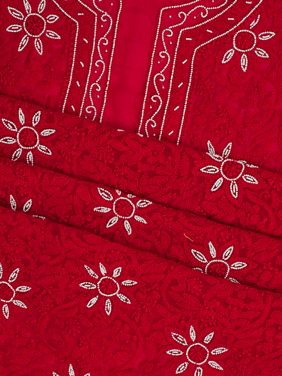 Ada Hand Embroidered Red Georgette Lucknowi Chikankari Unstitched Suit Piece With Pearl Work 01A998100