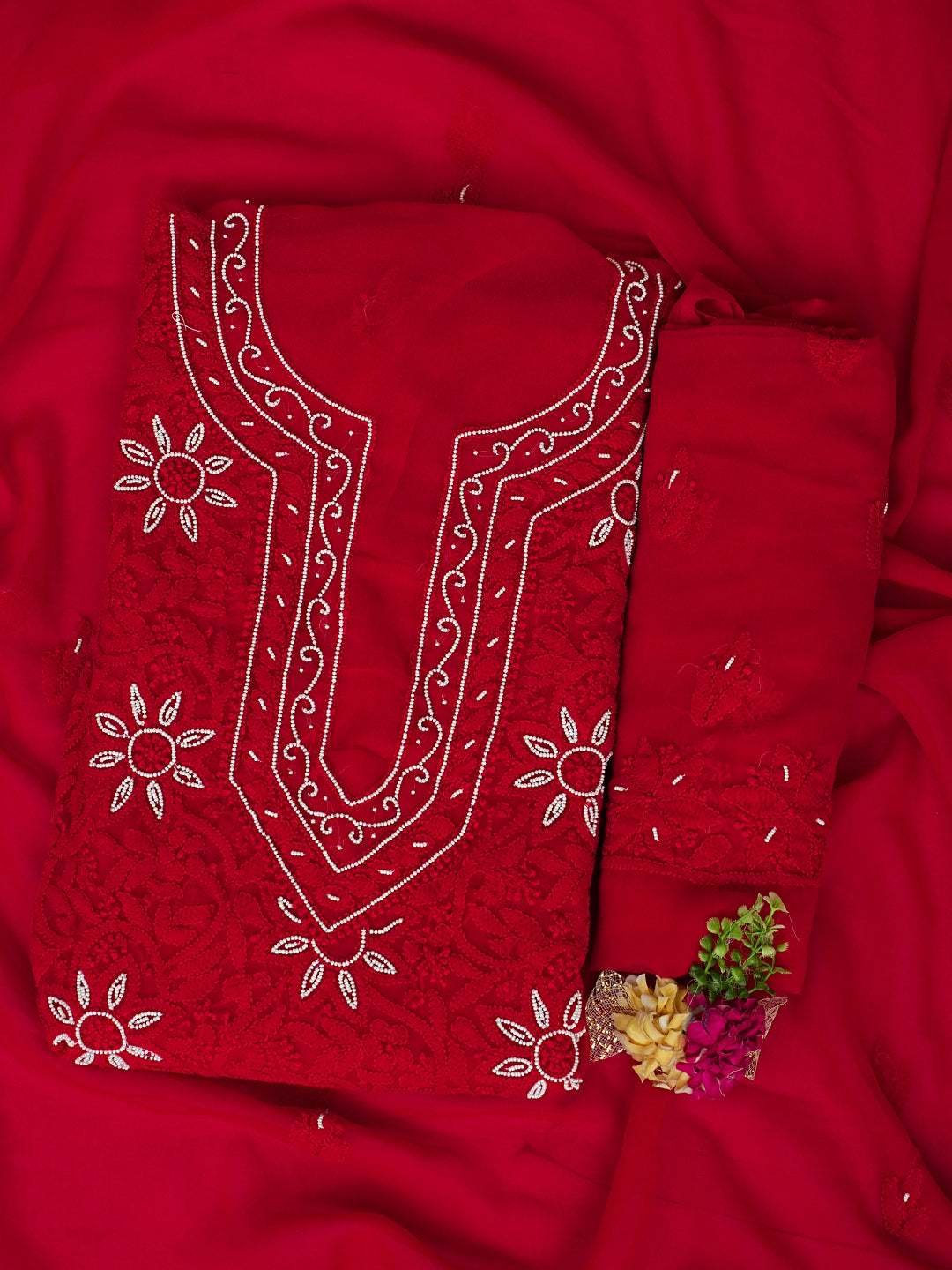 Ada Hand Embroidered Red Georgette Lucknowi Chikankari Unstitched Suit Piece With Pearl Work 01A998100